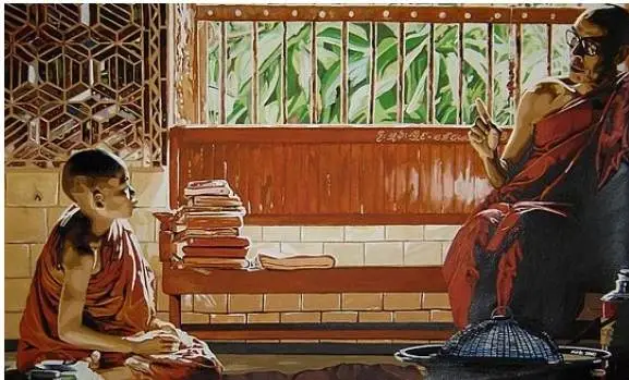 Buddhist monks in traditional teacher-student mentoring relationship representing wisdom and learning tradition